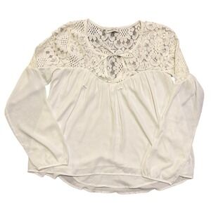 Abercrombie Fitch Cream Lace Boho Peasant Blouse Long Sleeve Tie Neck XS
